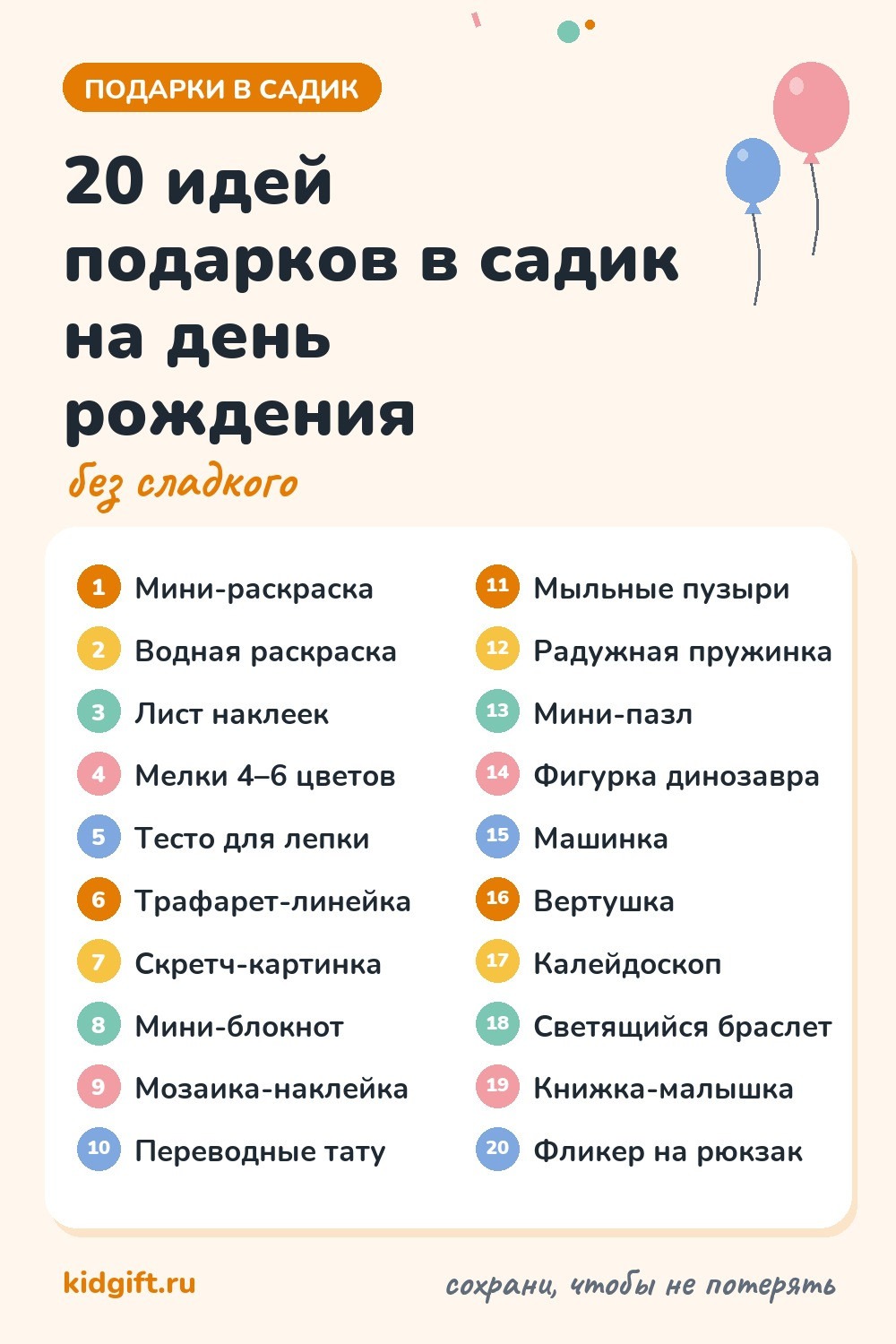 Список: 20 идей подарков в садик на день рождения без сладкого — раскраски, мыльные пузыри, пружинки, фигурки, наклейки