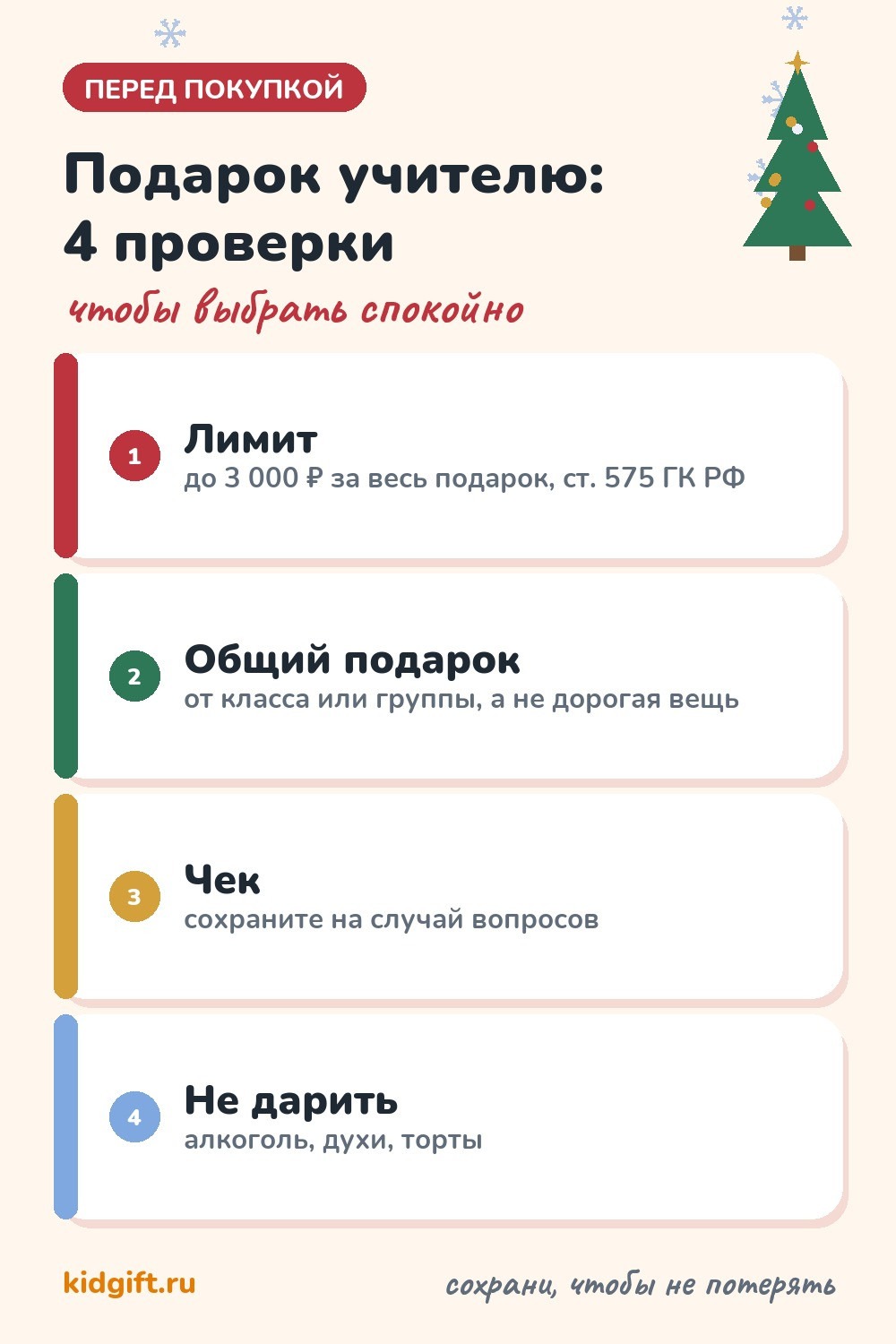 Подарок учителю и воспитателю: четыре проверки перед покупкой — лимит, общий подарок, чек и что не дарить